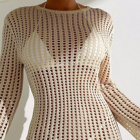 White Casual Women's Apricot Colored Knit Hollow Out Long Sleeve Cardigan Dress - Picture 4 of 4